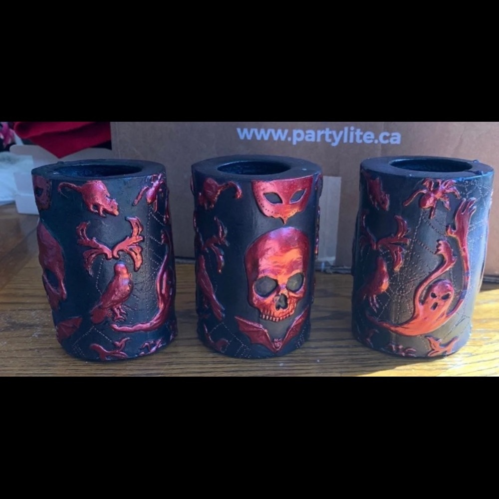 3 Black and Red Halloween Pillar Candles Skulls